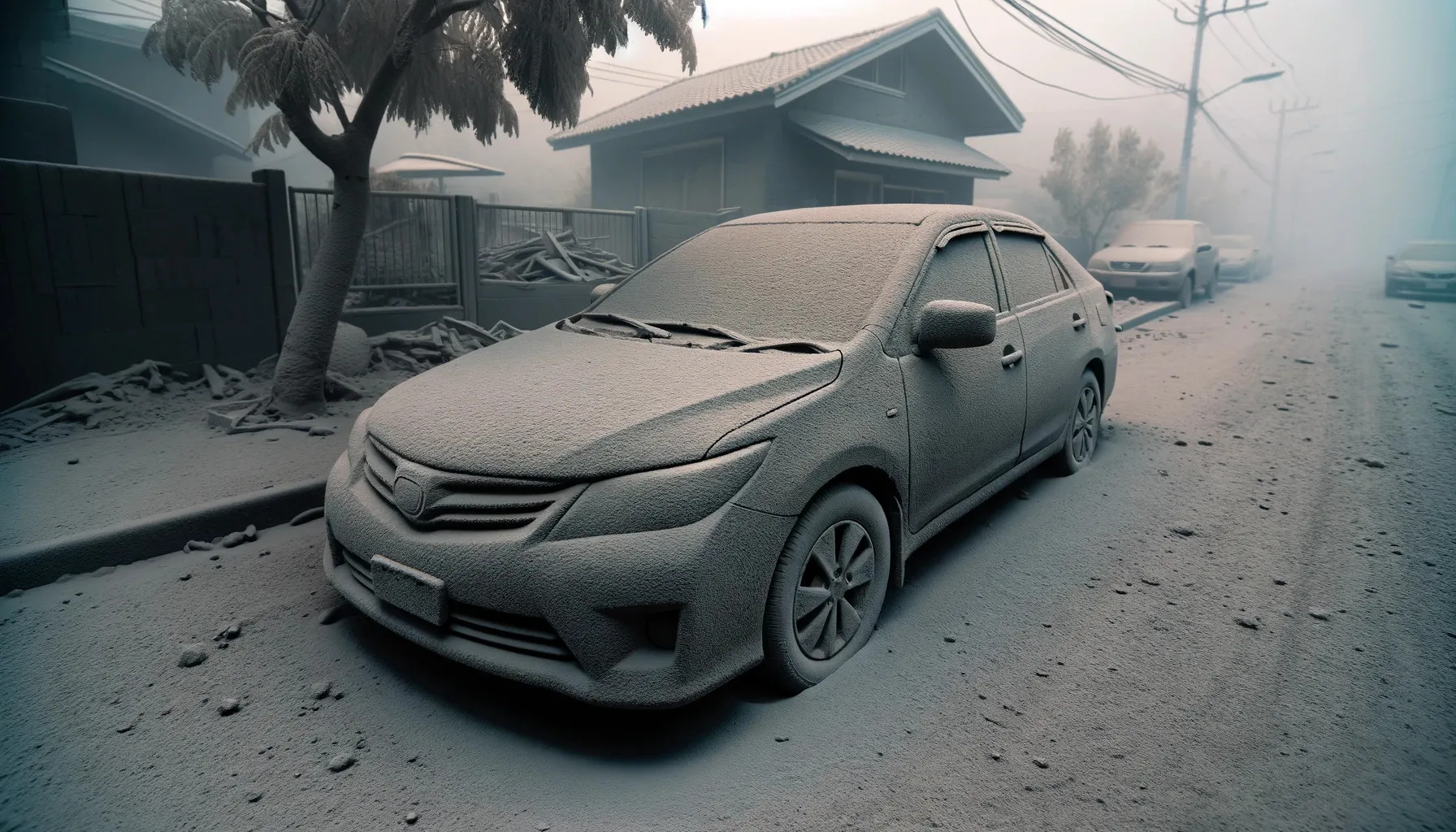 Automovil bajo una capa de ceniza